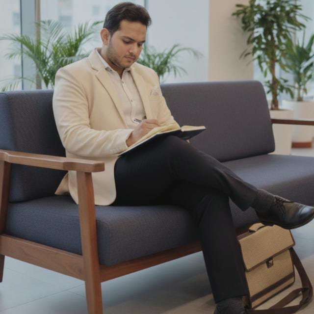 Hardik Mattray preparing notes in an office lounge
